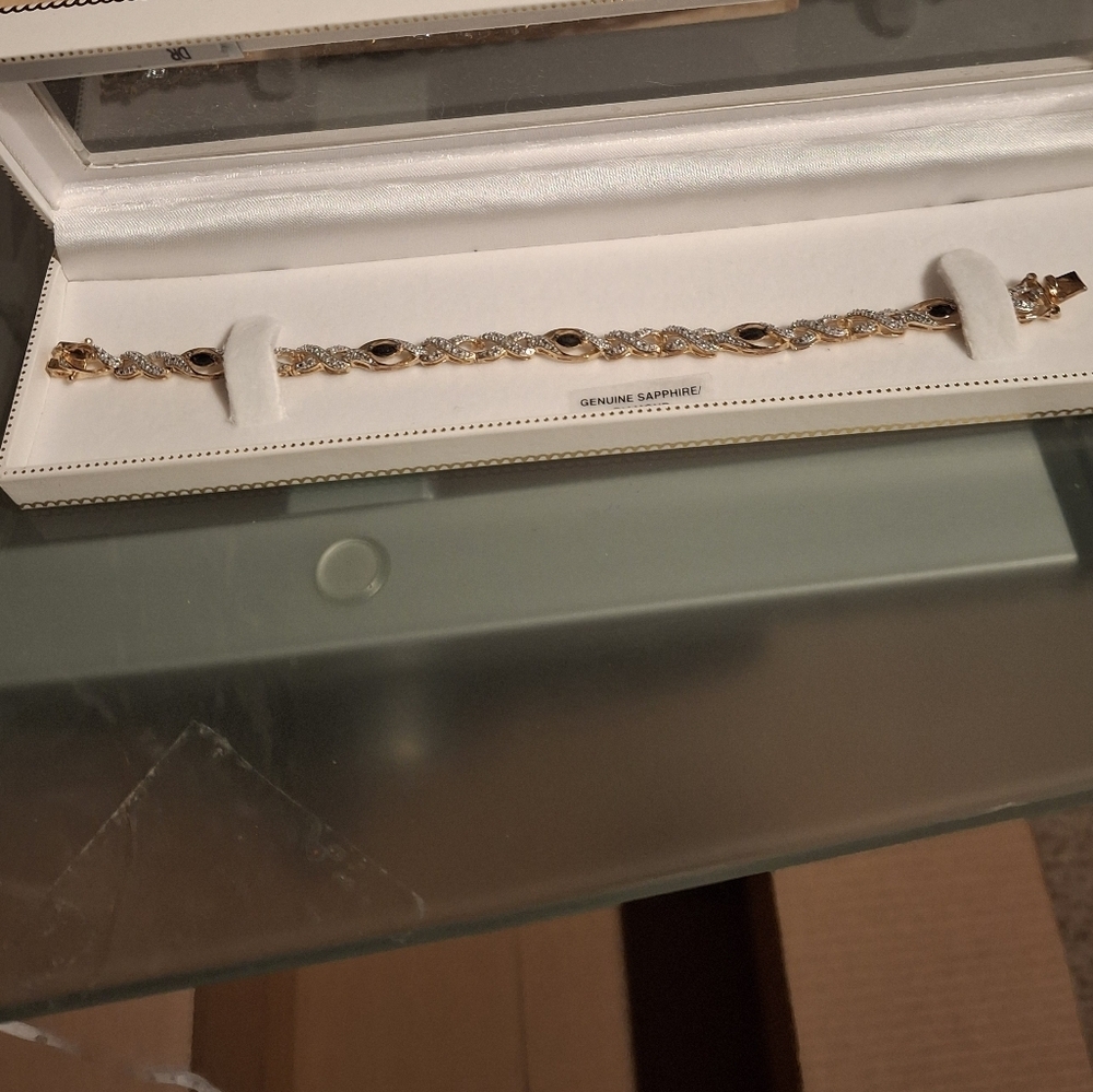 Sapphire & Diamond gold over. 925 sterling silver bracelet 7" box included